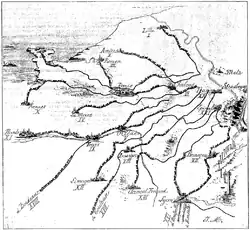 Northern part of France, crossed by several concentric lines all leading to the Franco-German border.