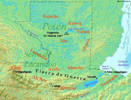 Northern Guatemala is a flat lowland plain dropping off from the Cuchumatanes mountain range sweeping across in an arc to the south. To the east of the mountains is the large lowland Lake Izabal, with an outlet into the Amatique Bay to the east, which itself opens onto the Gulf of Honduras. Immediately north of the mountains is the Lacandon forest, with Petén to the northeast. Ystapalapán was a settlement in the western Cuchumatanes, in the territory of the Chuj. Cobán was in Qʼeqchiʼ territory, in the foothills half way between Ystapalapán in the west and Lake Izabal in the east. Xocolo was at the northeastern extreme of Lake Izabal, where it flows out towards the sea. Nito, also known as Amatique, was on the coast where the river flowing out of the lake opened into the Amatique Bay. The area south of the lake was Toquegua territory. The Manche occupied the lands to the northwest of the lake, with the Acala to their west between the Manche and the Chuj. The Lacandon were northwest of the Acala, straddling the border with Mexico. Lake Petén Itzá was in the centre of Petén, to the north. It was the location of Nojpetén, with the Itza lands stretching southwards from the lake. To the east of the Itza and northeast of the Manche were the Mopan, on the border with Belize. North of the Mopan were the Yalain, east of Lake Petén Itzá. The Kowoj were to the northeast of the lake and the Kejache to the northwest. The "Tierra de Guerra" ("Land of War") covers a broad northern swathe of the mountains and the southern portion of the lowlands.