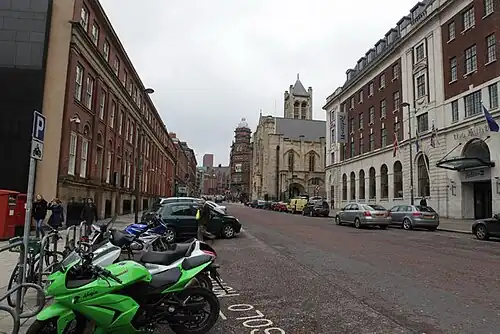Cookridge Street, Leeds, in 2010. On the left are nos.19–21, so Appleyard's studio at nos.16–18 was probably on the site of The Light, right