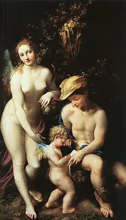 The Education of Cupid (1527) by Antonio da Correggio. This painting does not depict a Greek myth but rather reflects a growing interest in classical scholarship during the Renaissance.[101]