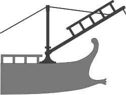 A diagram showing the location and usage of a corvus on a Roman galley.