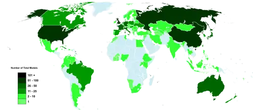 Map displaying countries by number of medals won during 2020 Summer Olympics.