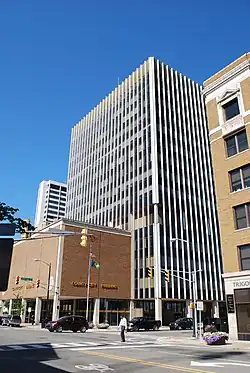 County City Building in downtown South Bend, Indiana. The building is 14 stories tall and houses the Office of the Mayor, as well as many other municipal and county offices.