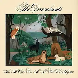 A painting of a forest populated by various animals all staring at the viewer, contained in a beige frame with the band's and album's names in a cursive typeface.