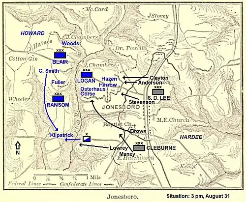 Map shows Battle of Jonesborough at 3 pm on 31 August 1864.