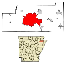 Location of Jonesboro in Craighead County, Arkansas.
