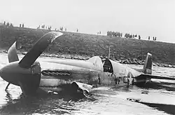 An American P51 Mustang fighter plane, which had crash-landed in Schaan on 22 February 1945. The plane is in a shallow body of water with visible damage to the wings and hull.