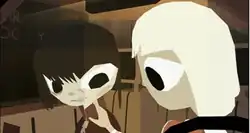 An image that looks through the windshield of a brown car. On the left is a girl; she has short dark hair with a fringe that hangs just above her eyes, and is wearing a dark red shirt. Several scratches are visible on her face. On the right is a blond-haired woman with a pink and white shirt. She is reaching out a hand to touch the scratches and see how bad they are.