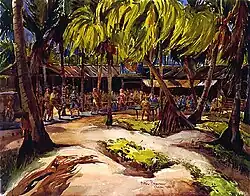 An illustration of the Cross Spikes Club[20] of the US Navy on Bikini Atoll, one of several Marshall Islands used for atomic bomb tests.