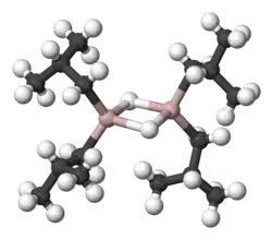 Model of diisobutylaluminium hydride, showing aluminium as pink, bonded to carbon in black, and hydrogen as white in Organoaluminium chemistry