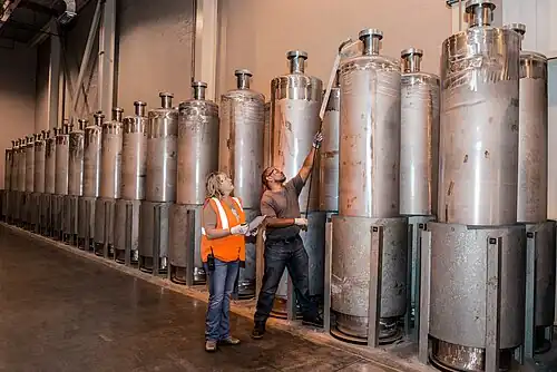 Each canister, 10-foot (3.0&nbsp;m) tall and 2-foot (0.61&nbsp;m) in diameter, weighing about 2 short tons (1.8&nbsp;t), is stored at SRS Glass Waste Storage Building until a permanent repository is completed.