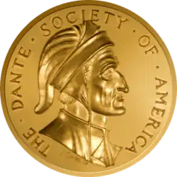 Gold medallion with a side profile of Dante and the words "The Dante Society of America"