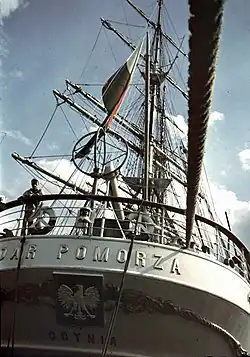 Polish coat of arms in the full-rigged sailing ship from Gdynia called "Dar Pomorza" (English: Gift of Pomerania), 1938
