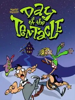 Artwork of a vertical rectangular box. The top portion reads "Day of the Tentacle" with the words "Maniac Mansion" in small font next to the title. Three cartoon characters run from a large disembodied purple tentacle holding a red ray gun. The three characters include a young man in thick glasses and white shirt, another shorter stockier young man with long hair and black shirt, and a young blonde woman in a green sweater and red and white skirt.