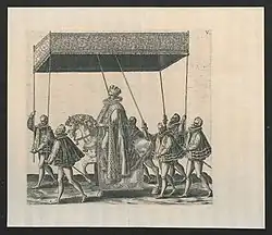 Anjou on his horse under a baldachin during the Joyous Entry in 1582 (Print Room of the University of Antwerp)