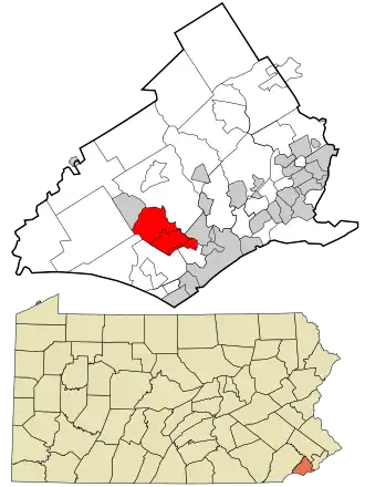 Location in Delaware County and the state of Pennsylvania.