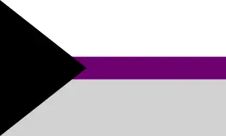The demisexual flag, in which the black chevron represents asexuality, gray represents gray asexuality and demisexuality, white represents sexuality, and purple represents community.