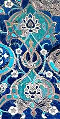 Detail of underglazed ceramic tiles with “blue-and-white” decorations from minaret M6