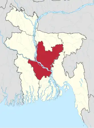 Map indicating the extent of Dhaka Division within Bangladesh