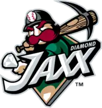 A logo depicting a miner with a pickax in place of a bat holding out a diamond as if prepared to toss it up in the air and take a swing at it