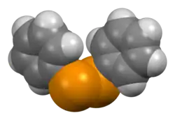 Space-filling model of the diphenyl ditelluride molecule