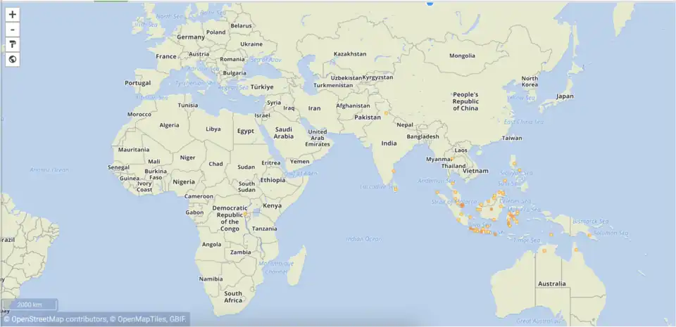 Distribution of Parathelphusa, accessed from GBIF on 8 April 2025.
