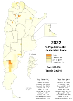 Proportion of Black Argentines in each department as of the 2022 Argentine census