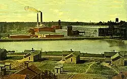 Postcard showing housing in the foreground, a body of water, and Cone Mills buildings in the background