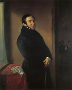 painting of prosperous-looking man in fur-collared black coat