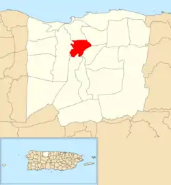 Location of Domingo Ruíz within the municipality of Arecibo shown in red