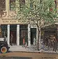 Dora Wilson (1940s) Paris end of Collins Street, oil on canvas, 34.2 × 34.2&nbsp;cm. National Gallery of Victoria