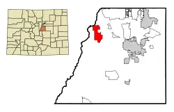 Location of the Roxborough Park CDP in Douglas County, Colorado. Colorado