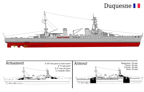 Example of heavy cruiser evolution during the Second World War: Duquesne in original anti-surface layout