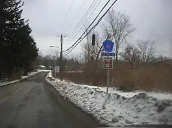 A rural, narrow two-lane highway passes through an area composed of trees, fields, and small brush. There is a snow berm at the side, and a pentagonal orange-on-blue sign with the number 81 at right.