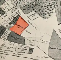 map of a portion of New Amsterdam showing land owned by Evert Duycking