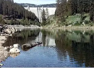 A midsized river flowing through forested hills with a large dam in the distance