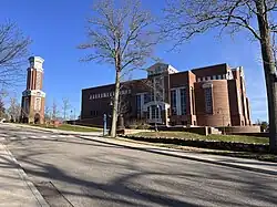 The J. Eugene Smith Library (right) and clock tower (left)