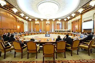 The palace's crystal chandeliers were manufactured at Vitrometan Mediaș glass factory.[40] Manufacturing the 480 chandeliers took two years.