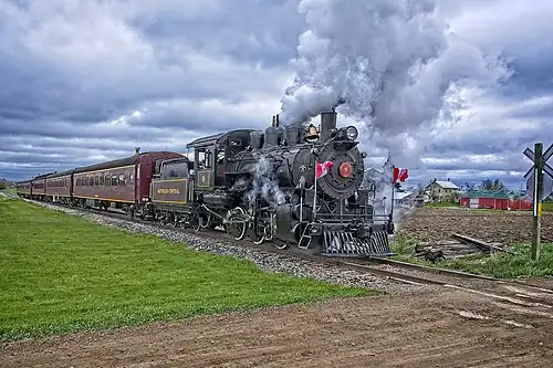 No. 9 operating on the Waterloo Central Railway's Scotch Line, near Elmira, Ontario, on May 20, 2019