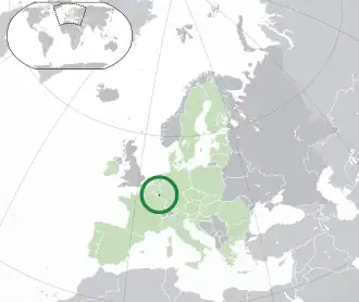 Location of Luxembourg (dark green) – in Europe (green & dark grey) – in the European Union (green)