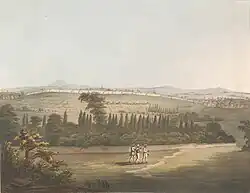 East view of Bangalore, with the cypress garden, from a pagoda, by James Hunter (d. 1792). Bangalore Fort as seen from the east (Cypress Gardens in today's Lalbagh)[45]