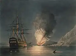 A colored lithograph depicting the large Malabar on the right as sailors climb up her rigging. In the midground is an imposing fireball emerging from the small and distant wreck of Missouri.