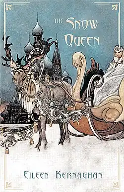 A reindeer draws an ornate sleigh carrying a white-clad woman. A castle is seen in the background.
