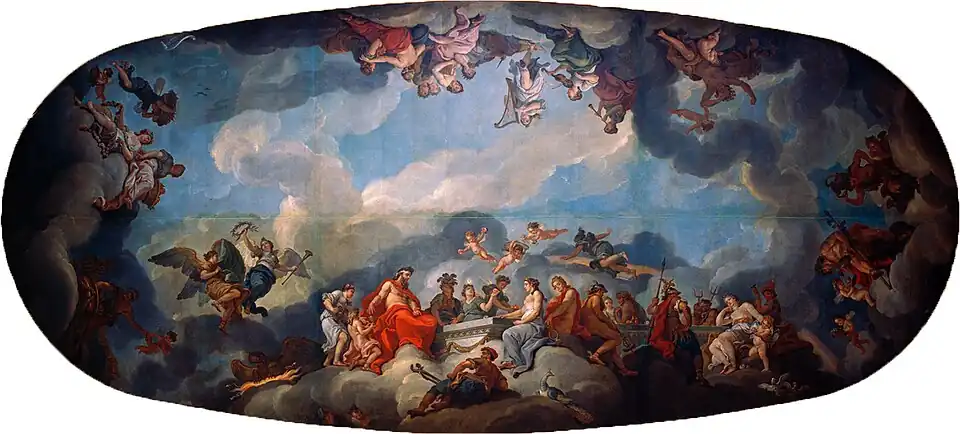 The Induction of Ganymede in Olympus (1768) by van Loo. Ganymede and Zeus are visible together at the left end of the gods' table, bottom.
