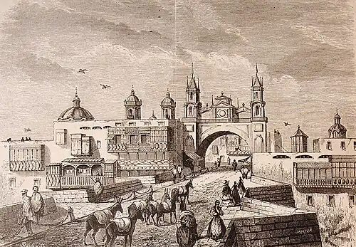 Puente de Piedra Bridge, the former Arco del Puente Gate and the Walls of Lima in 1878 by El Viajero Ilustrado. Old Fund of the University of Seville.[37]