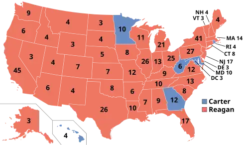 Results for the 1980 United States presidential election. Almost all the states are Red.