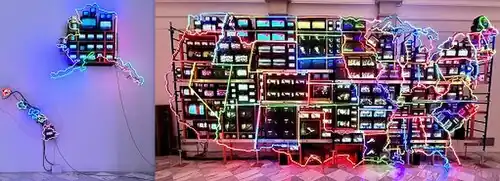 Photographs of an artwork that uses television screens to represent the United States