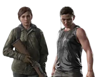 Gameplay screenshot of a young adult woman with brown hair. She has some snow on her and is wearing a hooded jacket and backpack and holding a rifle. Next to her is a woman in her early 20s with brown hair. She is wet and is wearing a grey sleeveless shirt.