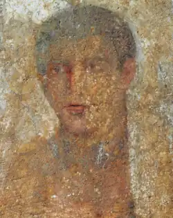 A Hellenistic Greek encaustic painting on a marble tombstone depicting the portrait of a young man named Theodoros, dated 1st century BC during the period of Roman Greece, Archaeological Museum of Thebes