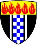 pale endorsed—Sable; a pale chequy argent and azure of 24 pieces, endorsed argent; on a chief or five flames gules—Secunda Health Committee, RSA